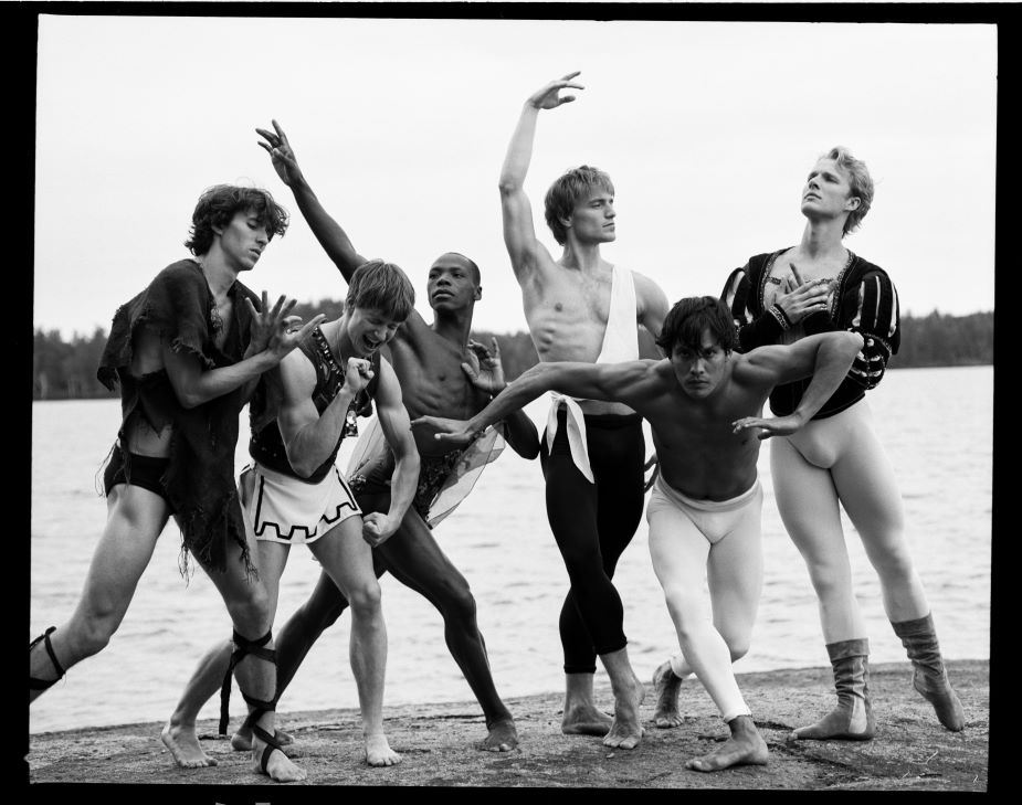 4. Damien Woetzel, Ethan Stiefel, Albert Evans, Nickolaj Hubbe, Jock Soto, and Nilas Martins. Adirondacks, NY 1995 © Bruce Weber.