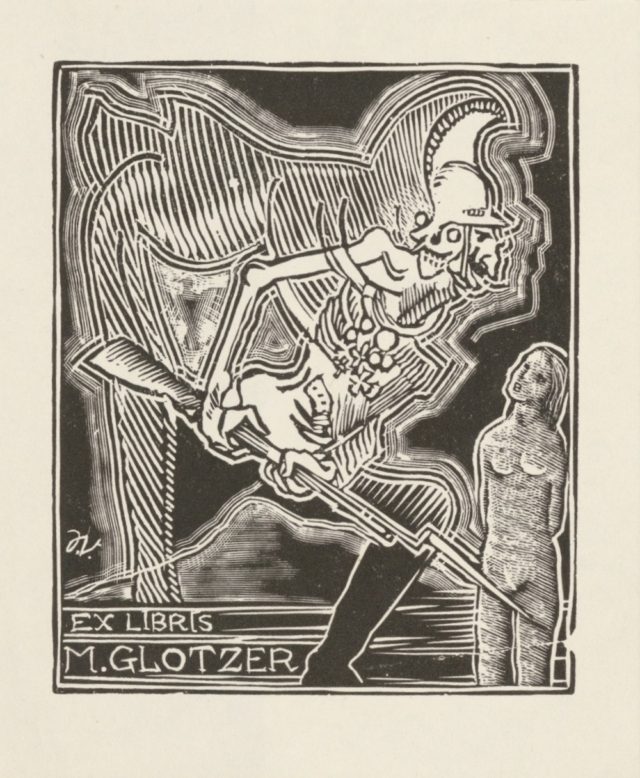 Ex libris M. Glotzer, 1926, dřevoryt, 100×84 mm